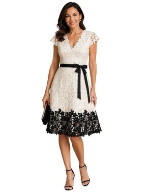 Jacques Vert Floral Lace Fit & Flare Dress Cream Black Size 14 Wedding Guest
